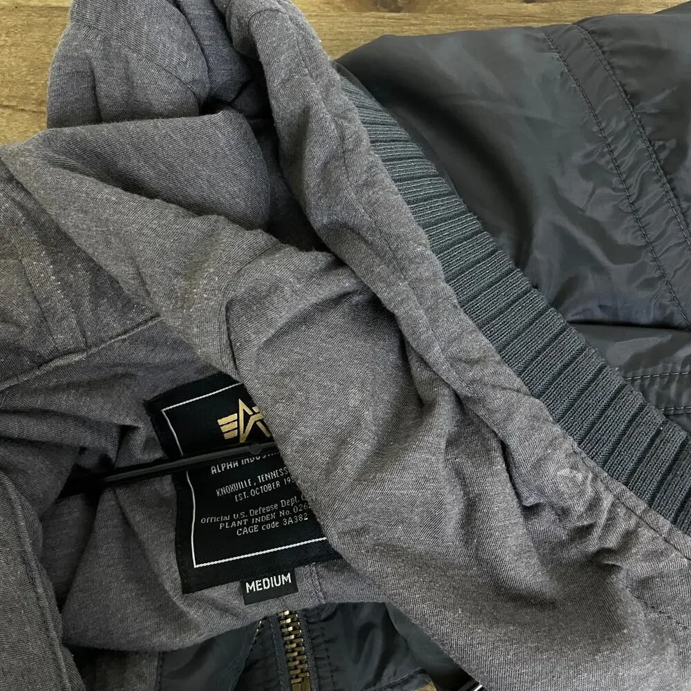 Alpha Industries Flight Jacket Mens Medium Grey Outdoors Full Zip Lined Hooded - Picture 8 of 10